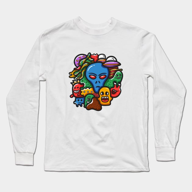 Alien monster doodle art Long Sleeve T-Shirt by happymonday